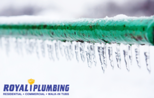 picture of frozen pipes with Royal Plumbing logo in the corner