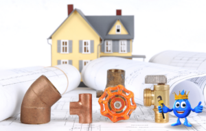 Picture of plumbing joints, a blueprint, and a house in the distance. Mascot Lewie the water droplet in the foreground with a pipe wrench in one hand and the other hand in a thumbs-up.